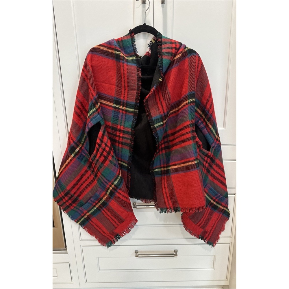 Reversible Tartan Plaid Shawl Poncho Wrap Cape with Pockets One Size